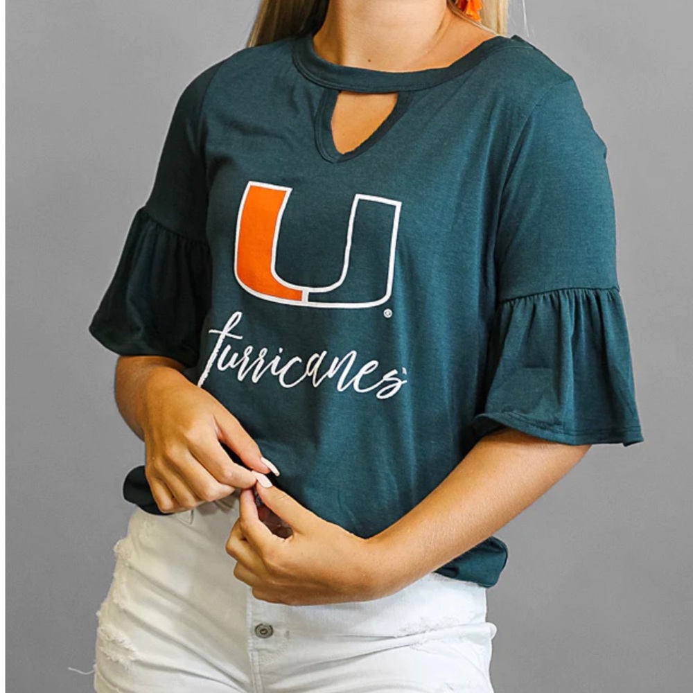 Bows & Arrows University of Miami Keyhole Ruffle Sleeve Top Size S